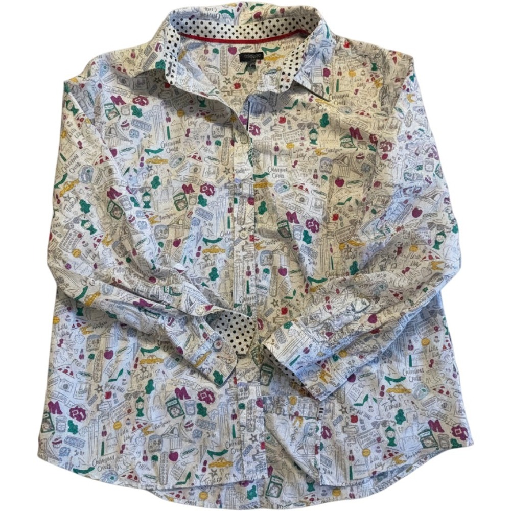 Talbots Plus Petite‎ 3XP NYC Novelty Print Cotton Button Down Shirt White Multi